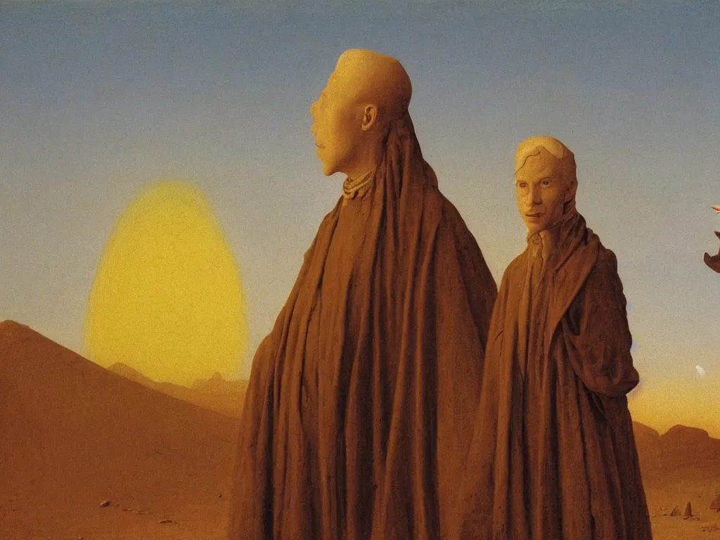 Prompt: Portrait of albino mystic with blue eyes, with ruins of a mosque in the distance in the desert. Sandstorm, sunset. Painting by Jan van Eyck, Caspar David Friedrich, Rene Magritte, Agnes Pelton, Max Ernst, Walton Ford