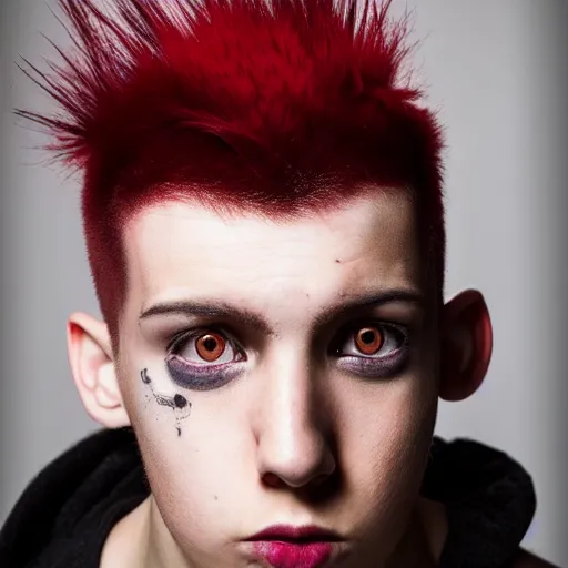 Prompt: young man with a short red dyed mohawk, red eyes and a slim face, dressed in punk clothing, punk style, headshot photo, attractive, handsome, in color, no lipstick