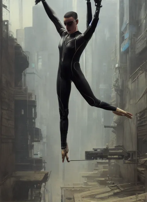 Image similar to cyberpunk olympic gymnast with robotic arms wearing a jumpsuit ( blade runner 2 0 4 9, cyberpunk 2 0 7 7 character design ). orientalist portrait by john william waterhouse and james gurney and theodore ralli and nasreddine dinet, oil on canvas. cinematic, hyper realism, realistic proportions, dramatic lighting, high detail 4 k