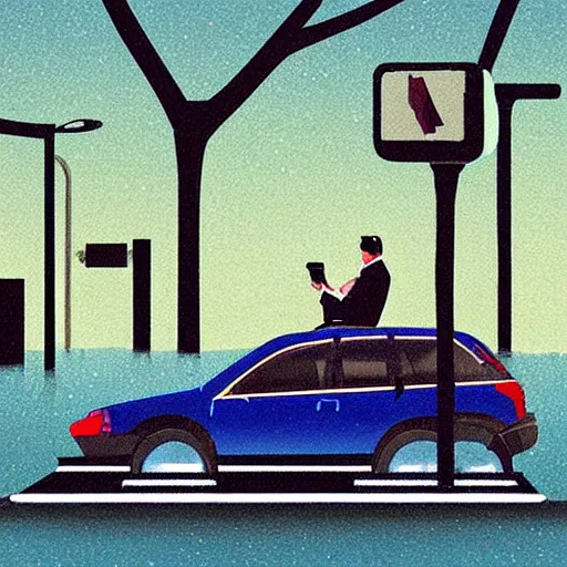 Prompt: a man in suit sitting on the top of a car in a flooded street, looking at his phone, art by James Gilleard, James Gilleard artwork