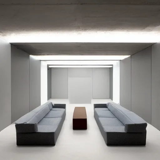 Prompt: upholstered sofas fluorescent ceiling lighting rectangular water feature in a large minimalistic concrete room, a tilt shift photo by leandro erlich, featured on cg society, kitsch movement, hall of mirrors, high dynamic range, studio portrait