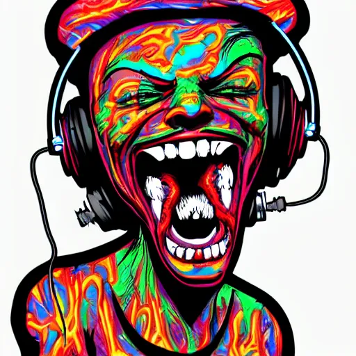 Image similar to todd mcfarlane art, artgerm, psychedelic laughing demon, rocking out, headphones dj rave, digital artwork, r. crumb, svg vector