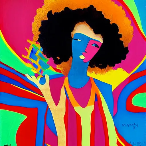 Image similar to the abstract painting of an image of afro lady artistic flat illustration by larry klewchuk, surrealism