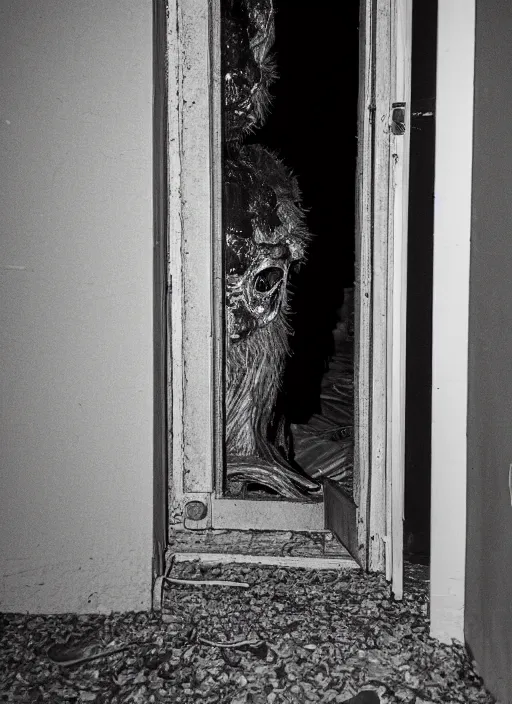 Prompt: An unfathomable terrifying monster peering out from behind a doorway at night, photography