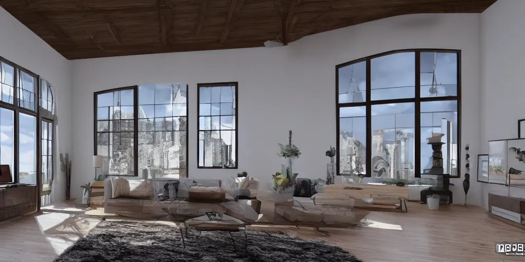 Prompt: photo realism, living room, high ceiling, large windows, interior design, high details, hyper - realistic, 8 k