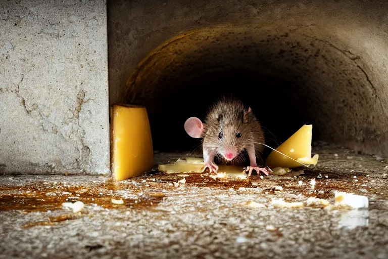 Image similar to a mutant disgusting rat eating cheese in a sewer, photograph, terror, horror, mutant,