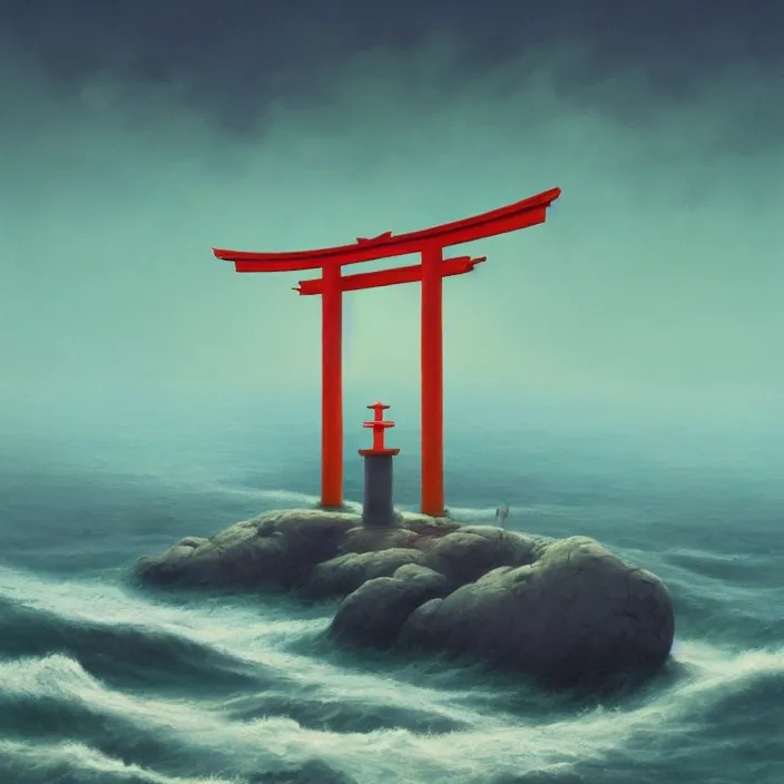 Image similar to a beautiful painting of a torii at sea by simon stalenhag and zdzisław beksinski and rene magritte and greg rutkowski, in style of digital art. hyper detailed, sharp focus, soft light. unreal engine 5. ray tracing. trending on artstation