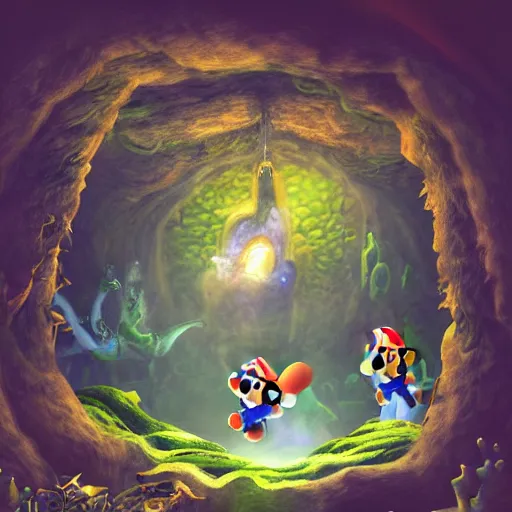 Image similar to the abyss, cave portal entrance into the Mushroom Kingdom, super mario theme, fantasy artwork, award winning, very very very very beautiful scenery, artstation