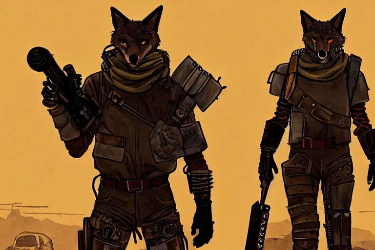 Image similar to a good ol'coyote fursona ( from the furry fandom ), heavily armed and armored facing down armageddon in a dark and gritty version from the makers of mad max : fury road. witness me.