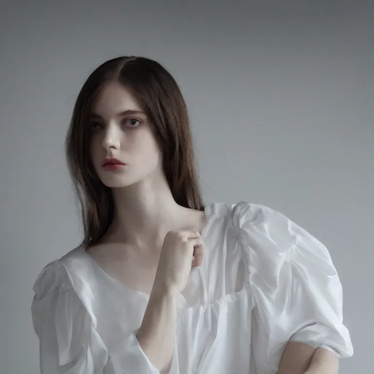 Image similar to hitch dreise blouse in a white room, beautiful face, pale skin, rule of thirds, cinematic lighting, rainy weather, melancholy atmosphere, sharp focus, backlit, stunning, model agency, smooth, hard focus, full body shot, instagram photo, shot on iphone 1 3 pro max, hyper realistic,