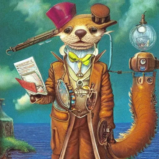 Image similar to a steampunk otter inventor, fantasy illustration, Louis William Wain