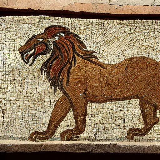 Prompt: Mosaic depicting a lion, from Italica, AD 176-275. Archaeological Museum, Seville.