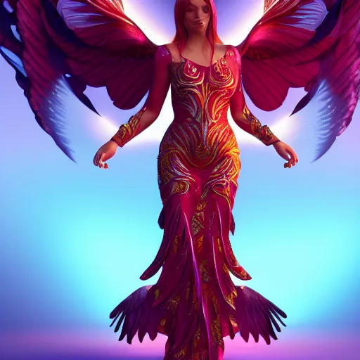 Prompt: a beautiful orchid phoenix angel woman, in an ornamented dress with large wings, octane, unreal engine, volumetric light, god rays, 8 k high resolution, rubies