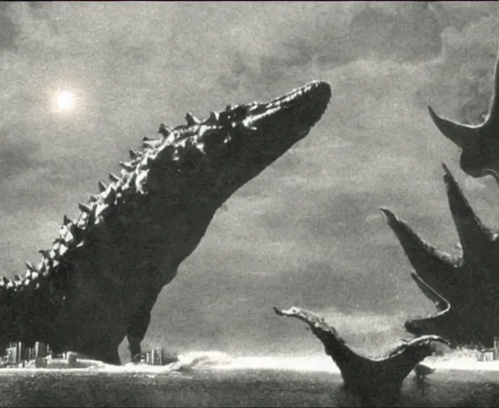 Image similar to a filmstill of a north korean monster movie, kaiju - eiga monster with starfish - arms trampling a traditional korean palace, foggy, film noir, epic battle, etheral, explosions, communist propaganda, communist epic thriller produced by kim jong - il, cinematography by akira kurosawa and tim burton, video compression