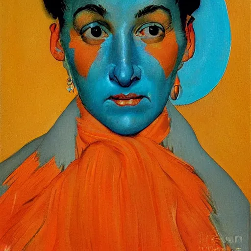 Image similar to Face portrait of a cyan woman and an orange woman. A painting by Norman Rockwell.