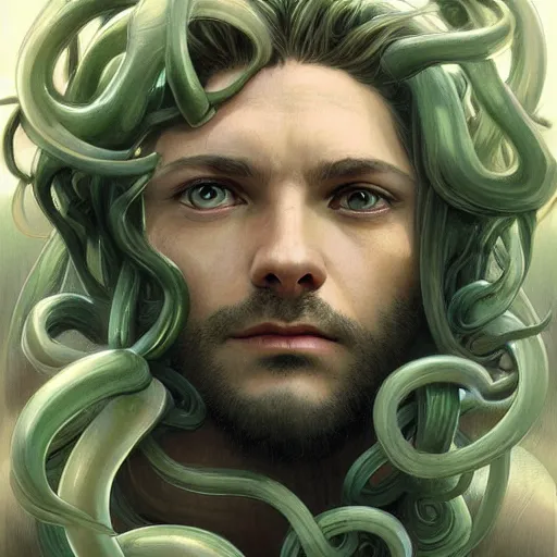 Prompt: male medusa, highly detailed, digital painting, cute face, artstation, concept art, smooth, sharp focus, illustration, art by artgerm and greg rutkowski and alphonse mucha