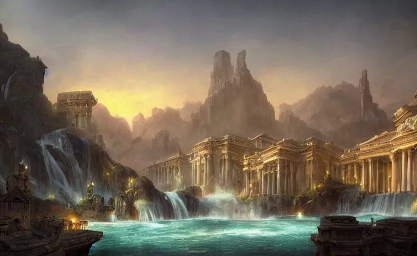 Image similar to epic landscape of a fantasy city with marble buildings and waterfalls at dusk, ambient lights, artwork by brom and rutowski