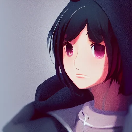 Image similar to a portrait of a moody teenage girl in a hoodie, dramatic lighting, makoto shinkai, trending on artstation