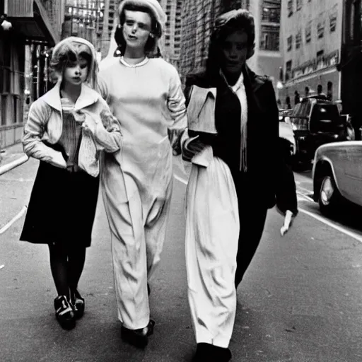 Prompt: photograph of angels in human clothes on new york streets in the 60's