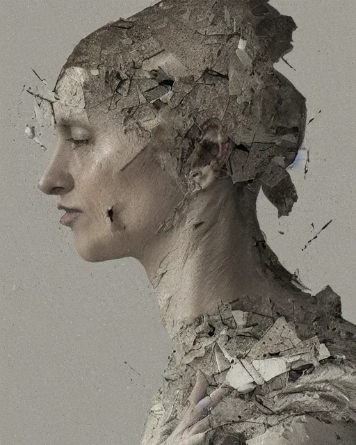 Prompt: a woman's face in profile, made of broken shards, in the style of the Dutch masters and Gregory Crewdson, dark and moody