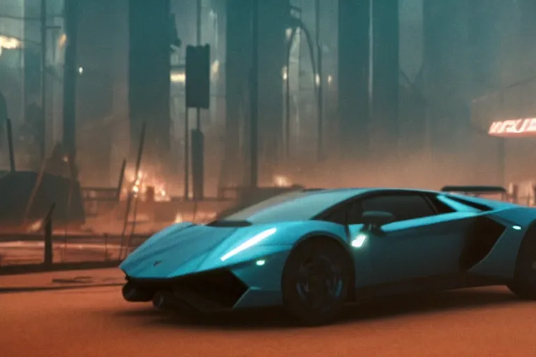 Image similar to A cinematic film still of a Lamborghini in the movie Blade Runner: 2049.