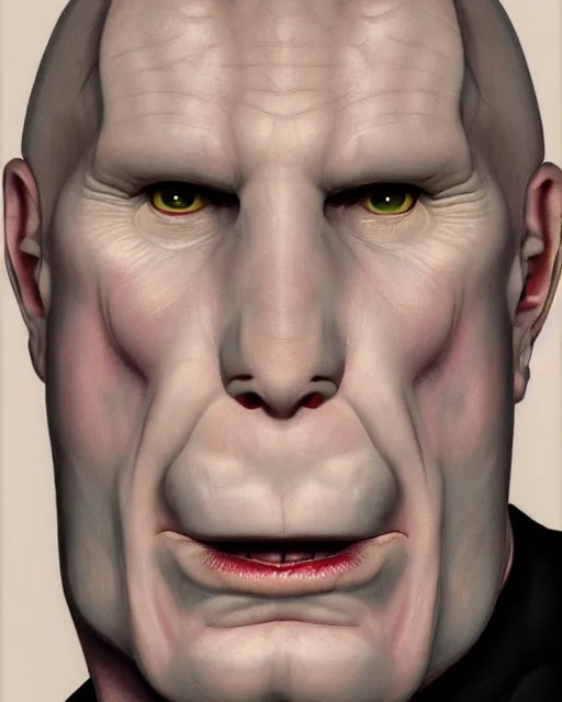 Image similar to portrait of lord voldemort, a 4 0 - year - old bald man, with a white complexion, wide, cat - like scarlet eyes, without nose, and a thin mouth, hyper realistic face, beautiful eyes, character art, art by mark brooks, hyperdetailed, cryengine, trending on artstation, digital art