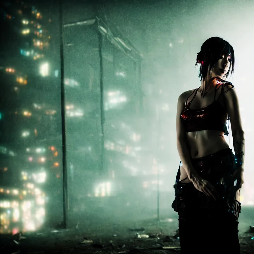 Prompt: a photo close up cyberpunk woman, fire dance in cyberpunk dirty alley, smoke mist rain, cyberpunk gunma prefecture, midnight, photorealistic, cinematic color, studio lighting, highly detailed, bokeh, style by tomino - sama
