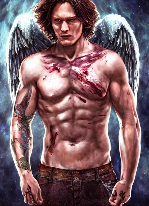 Image similar to Sam Winchester as a muscular angel with religious tattoos on chest and neck, stained and bleeding, magic overlays, magic flames, romance book cover style, D&D illustration style, (octane render) fantasy style, sharp focus, ultra detailed, art by Artgerm and Peter Andrew Jones, Ayami Kojima, Amano and Olivier Ledroit