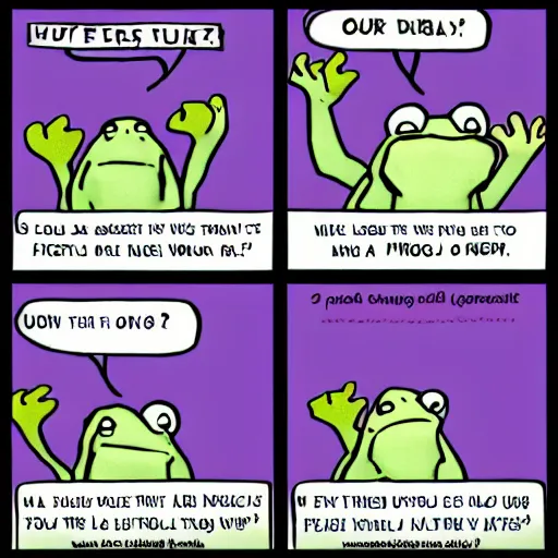 Prompt: a four panel comic about a talkative frog