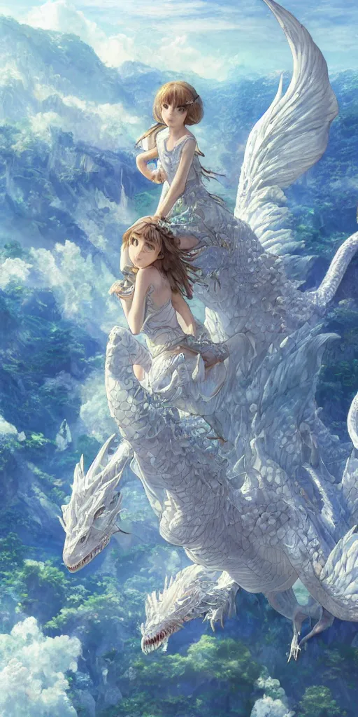 Image similar to the beautiful hyper detailed portrait render that a beautiful princess sitting on the back of a huge silver white dragon alone in fairyland surrounded by white clouds, finely detailed angelic face delicate features, style of studio ghibli, makoto shinkai, raphael lacoste, louis comfort tiffany, artgerm, james jean, ross tran, animation style, hd, ultra wide angle