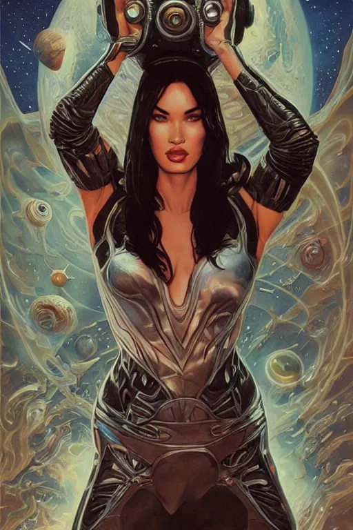 Image similar to young Megan Fox as a ruggedly beautiful retro SCI-FI space heroine 1985 , movie poster, intricate, elegant, highly detailed, centered, digital painting, artstation, concept art, smooth, sharp focus, illustration, art by artgerm and donato giancola and Joseph Christian Leyendecker, Ross Tran, WLOP