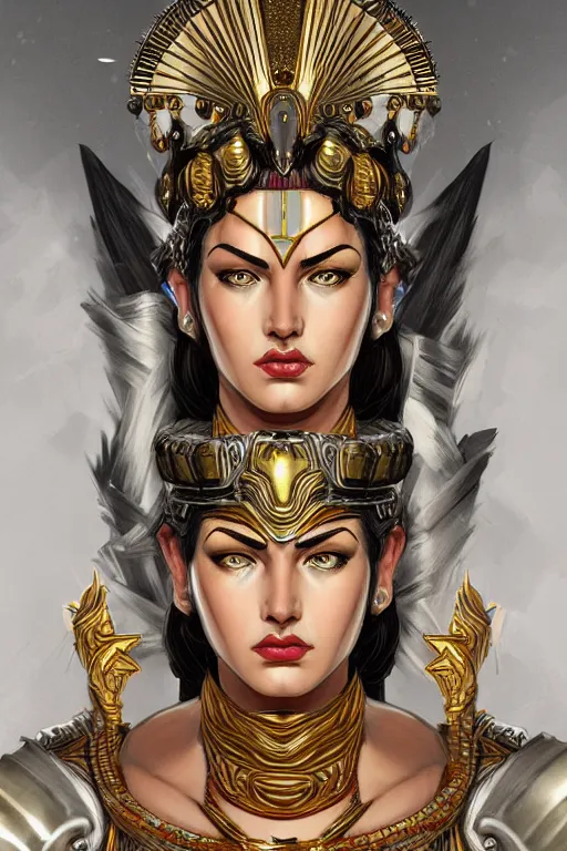Prompt: The Godess Hera looking angry, detailed armor, portrait, highly detailed, digital painting, artstation, concept art, smooth, sharp focus, beautiful face, symmetric face, cinematic, videogame cover art, illustration, art by Hergé