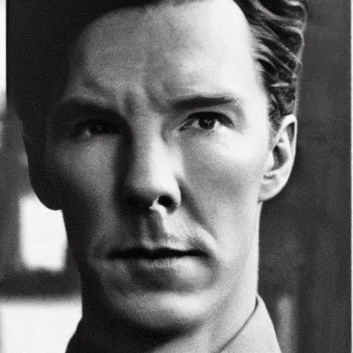 Prompt: Benedict Cumberbatch as a Soviet officer during WW2, grainy monocolour photo