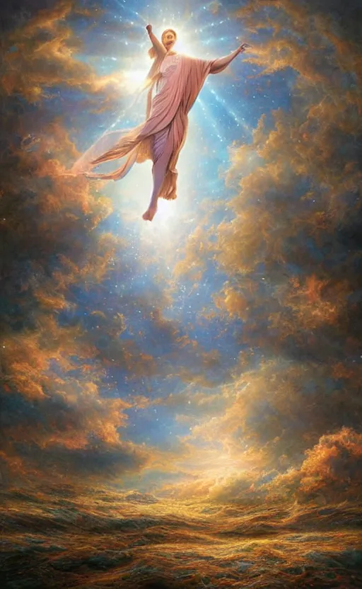 Prompt: peaceful uncertainty of saying goodbye, crossing over the spiritual veil to heaven, sharp focus, intricate, elegant, digital painting, artstation, matte, highly detailed, concept art, illustration, volumetric lighting, gold and blue and pink color scheme, bokeh light, art by greg olsen, arnold friberg, and liz lemon swindle