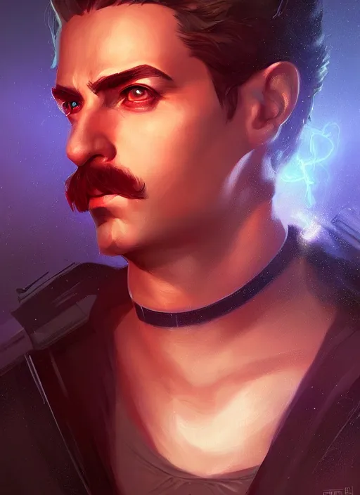 Image similar to « a portrait o cyberpunk joseph stalin, glowing eyes, a digital painting by charlie bowater, featured on cgsociety, fantasy art, behance hd, wiccan, artstation hd »