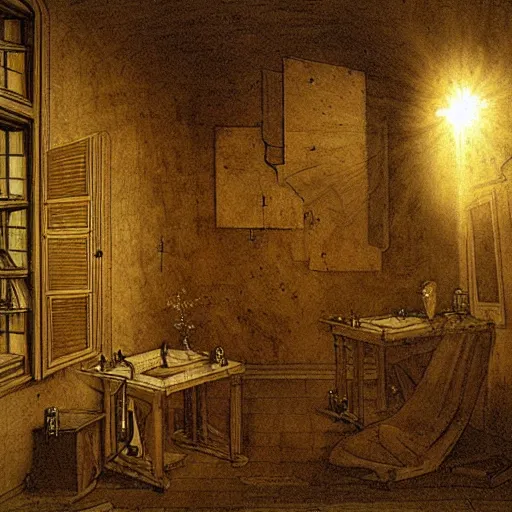 Prompt: invention designed by da vinci inside a room lit by sun