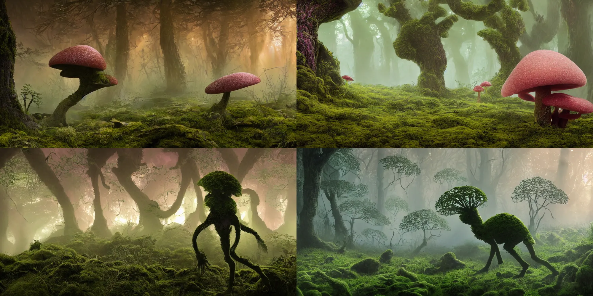 Prompt: organic mushroom lichen moss monster, silhouette of a strange long legged creature foraging through the undergrowth, smoke fog and crepuscular rays, salmon pink gold and luscious green colour scheme, in the style of patrick woodroffe, dramatic lighting, 8k octane unreal render