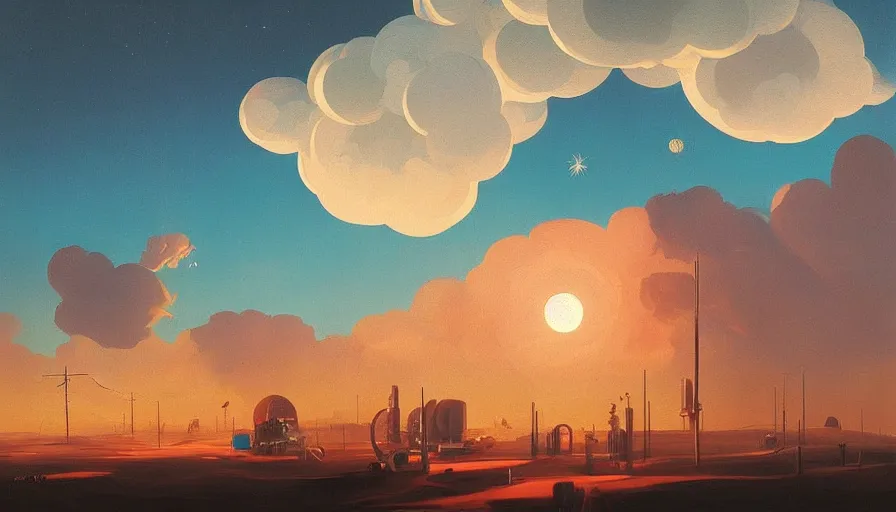 Prompt: clouds floating in front of the sun in space, simon stalenhag, art deco painting