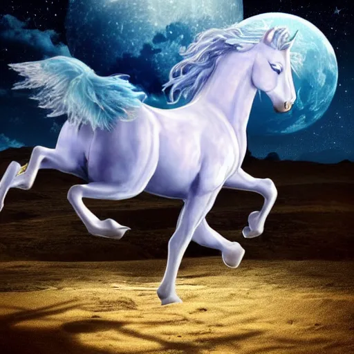 Image similar to A lonely blue unicorn-pegasus sits on the moon's surface, sitting in the moon dust crying