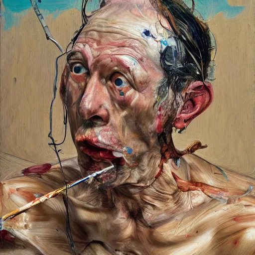 Image similar to high quality high detail painting by lucian freud and jenny saville, hd, crazy man with an axe, turquoise