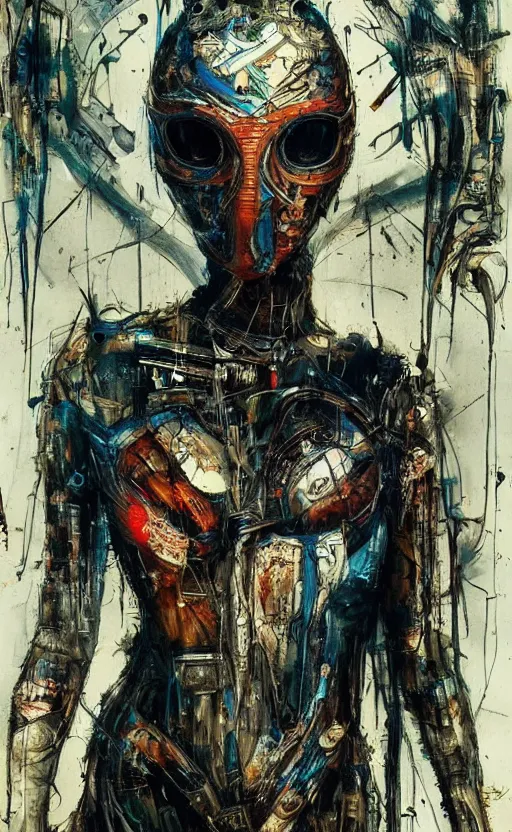 Image similar to beautiful women made of mech mask rendered in unreal engine, cyberpunk, full body, dark colour palet, rave, scifi, painted by albrecht durer | bernard buffet | carne griffiths | wlop