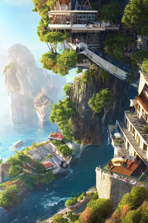 Prompt: photo of an beautiful sunny day environment concept art on a cliff, architecture by kengo kuma, ian hubert and wes anderson with village, residential area, mixed development, highrise made up staircases, balconies, full of glass facades, cgsociety, fantastic realism, volumetric light, hyperdetailed, artstation hq