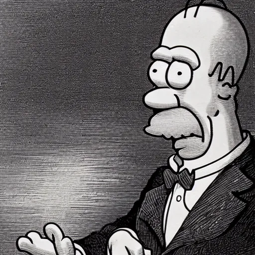 Prompt: a portrait of cartoon character Homer Simpson, Gustave Dore lithography, Homer Simpson Homer Simpson Homer Simpson Homer Simpson