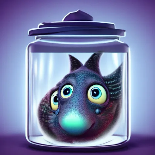 Image similar to cutie creature in a jar, digital art, 3 d, maya render, masterpiece, mega detailed, pixar, disney, vivid illustration, fantasy