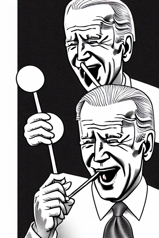 Prompt: joe biden licking a lollipop, political cartoon, hyper realistic