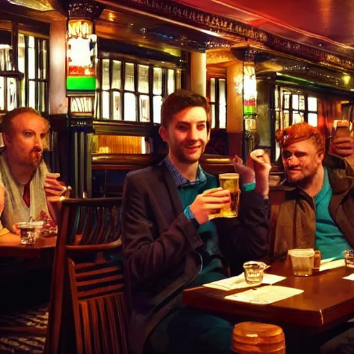 Prompt: the magi in a weatherspoons pub having a pint