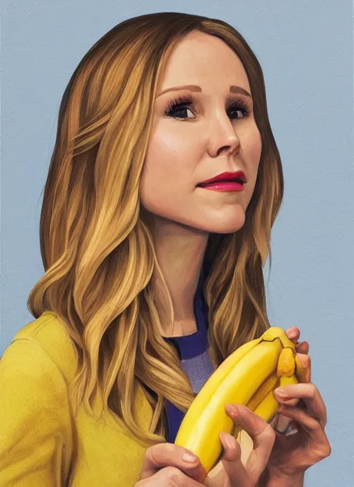 Image similar to portrait of kristen bell eating a banana, intricate, elegant, highly detailed, photorealistic, trending on artstation, digital art