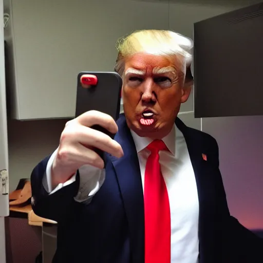 Prompt: selfie of donald trump in the office