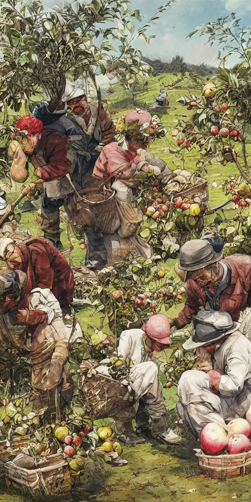 Image similar to oil painting scene from apple gardeners by kim jung gi