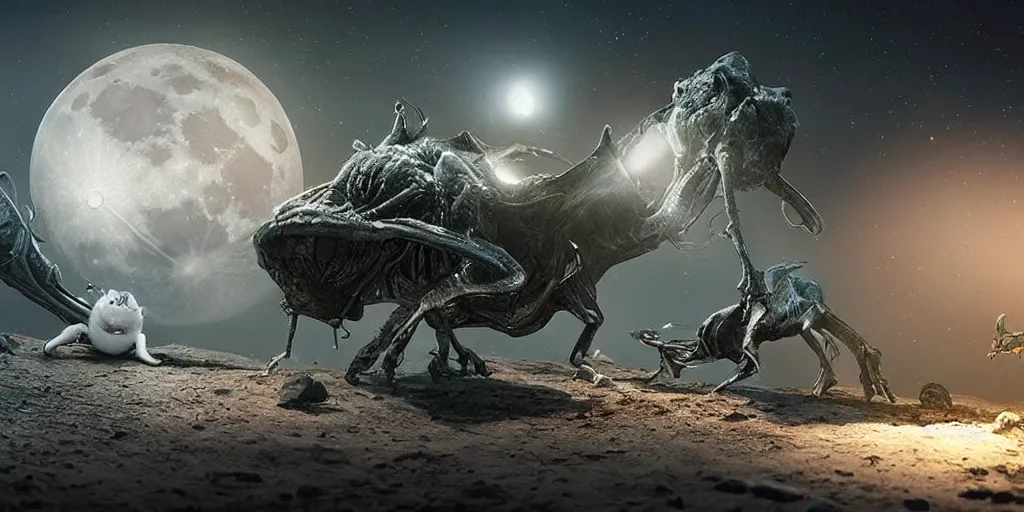Prompt: moon space enviroment with a alien cutes creatures , unreal 5, hyperrealistic, realistic, photorealistic, dynamic lighting, highly detailed, cinematic landscape, studio landscape, studio lighting